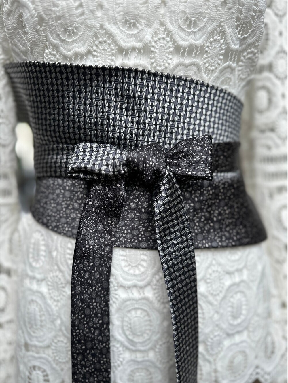 Upcycled Silk Obi Belt | Corset Waist | OOAK | OS | Black & Gray